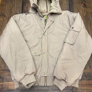 Cabelas‎ Mens Tan Sherpa Lined Hooded Bomber Jacket, zipper split hood, vintage